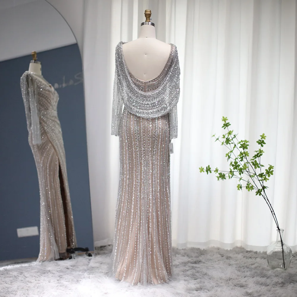 Sharon Said Luxury Silver Dubai Evening Dress with Cape Beaded Slit - Image 4