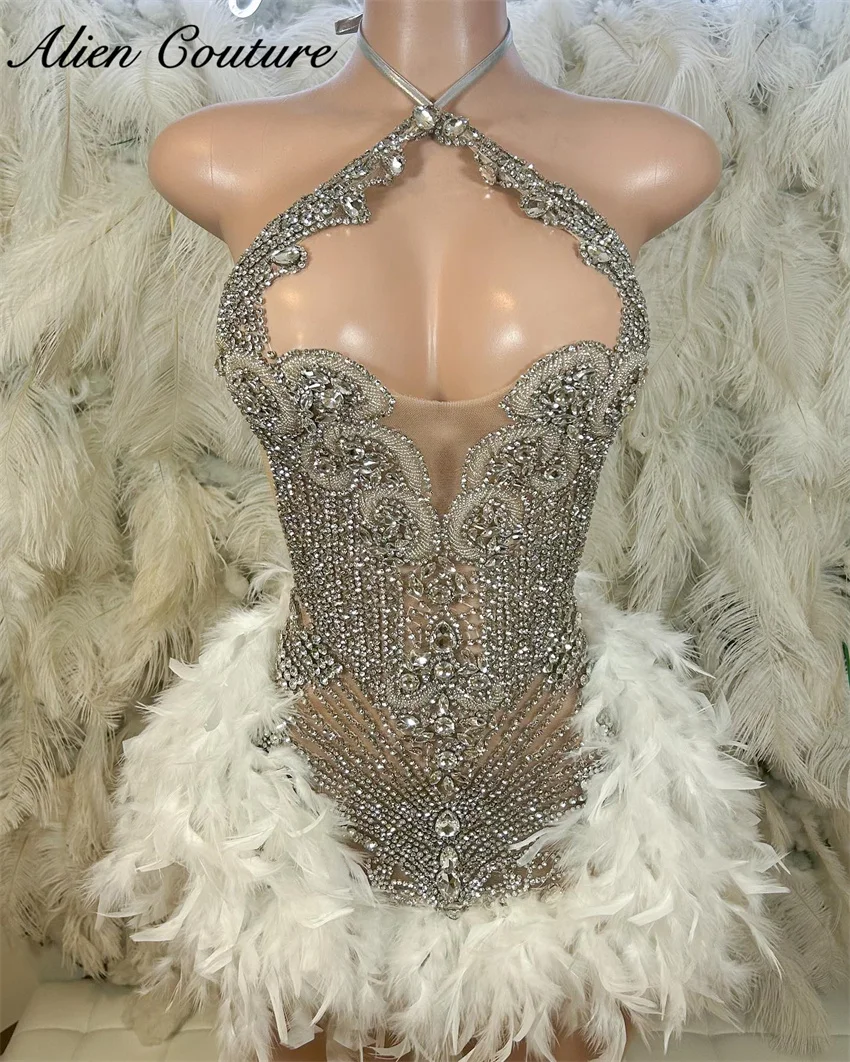 2025 Birthday Dress Silver Beads Feather Crystal Rhinestones Gown