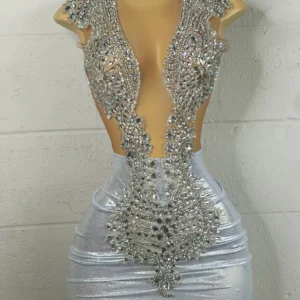 Silver Sheer Diamond Beaded Short Prom Dress for Party Homecoming
