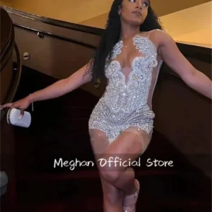 Silver O Neck Short Prom Dress Beads Crystal Graduation Gown Customized