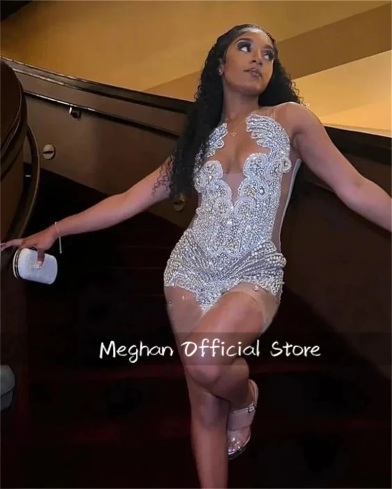Silver O Neck Short Prom Dress Beads Crystal Graduation Gown Customized