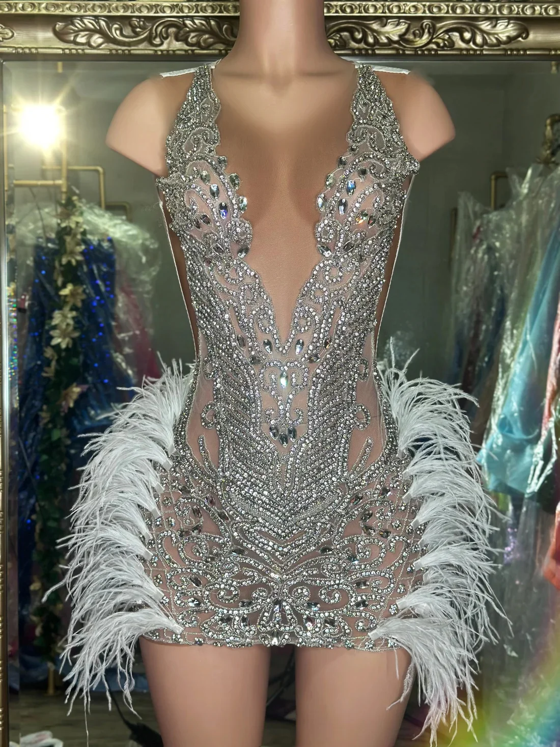 Customized Silver Feather Prom Dress For Black Girls Birthday Party