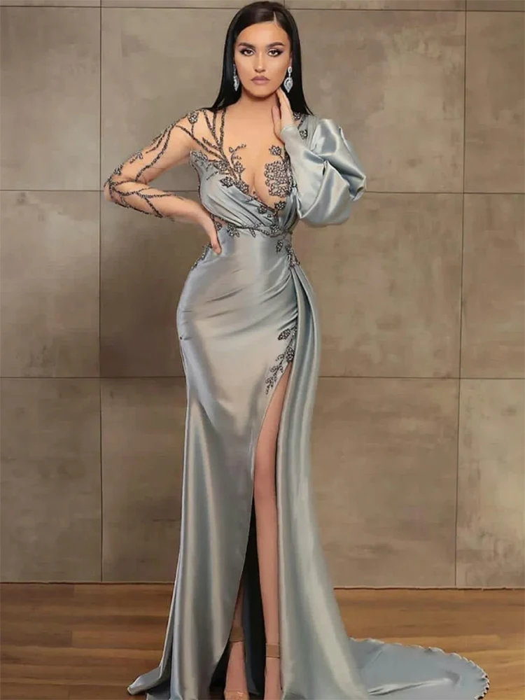 Silver Prom Dresses With Illusion, Side Split, Beading & Long Sleeves Customized