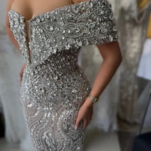Silver Crystals Mermaid Prom Dress With Shiny Cocktail Design Customized