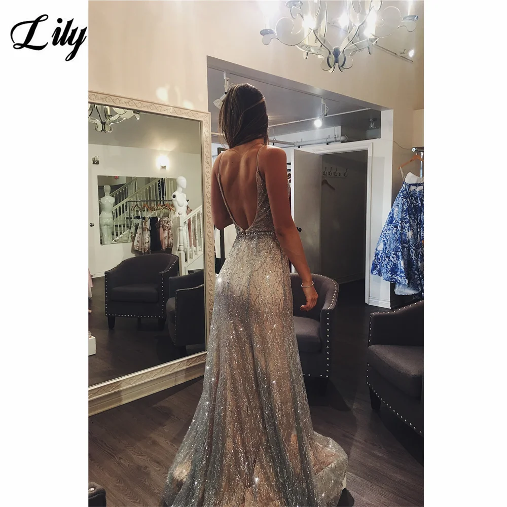 Lily Fashion Silver V-Neck Mermaid Prom Dresses Open Back Sequin