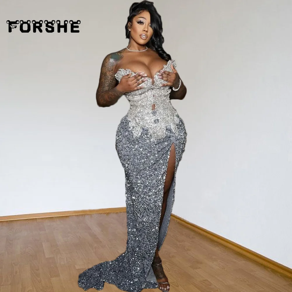 Silver Diamond Sequin Mermaid Prom Dress For Black Girls 2025