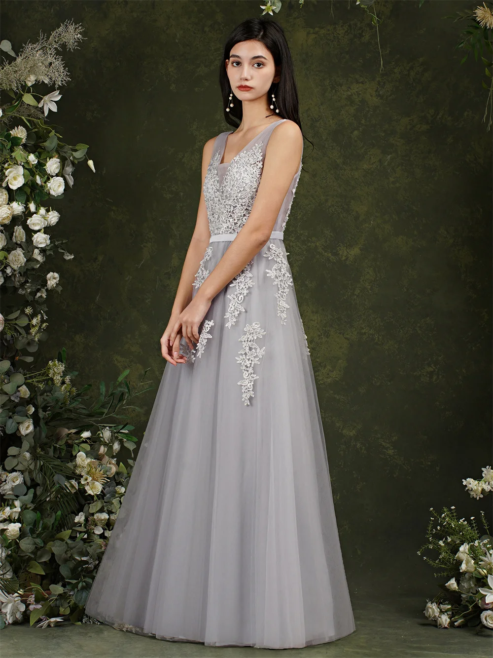 Elegant Silver Tulle Prom Dresses Appliques Beading Burgundy Gowns - Image 2