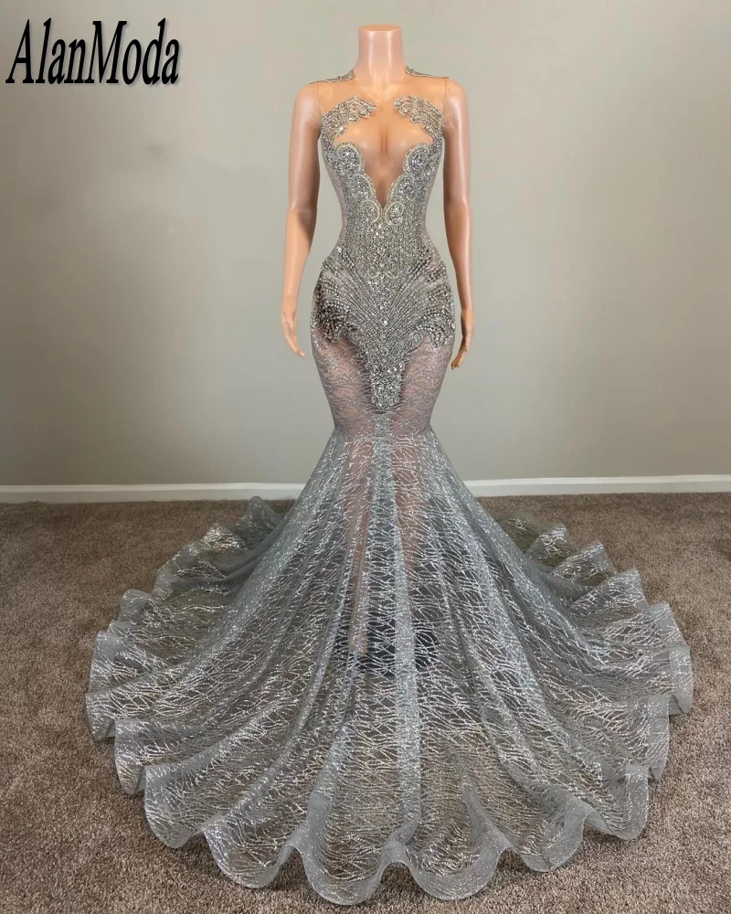 Customized Silver Prom Dress See-Through Rhinestone Sequin Party Gown - Image 2