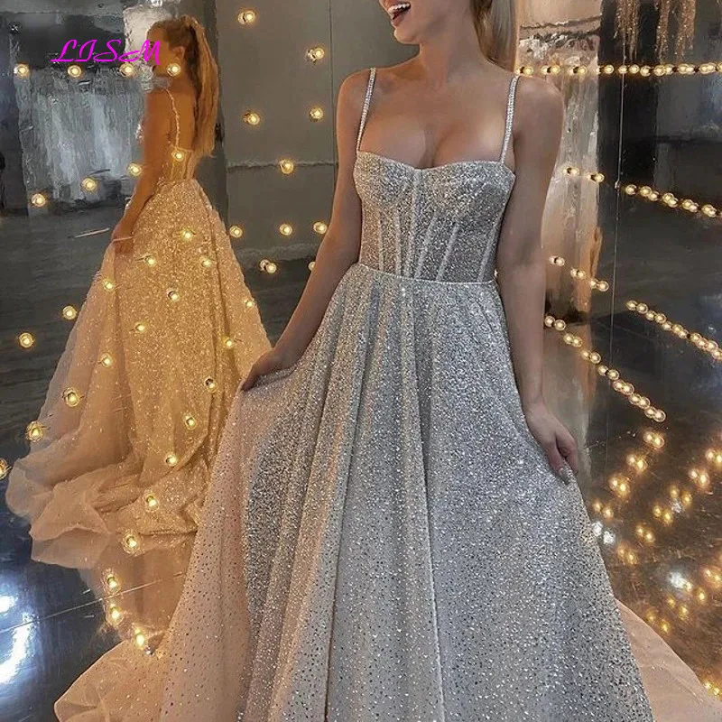Silver Sequins A-Line Prom Dress Sweetheart Straps Sleeveless Gown - Image 3