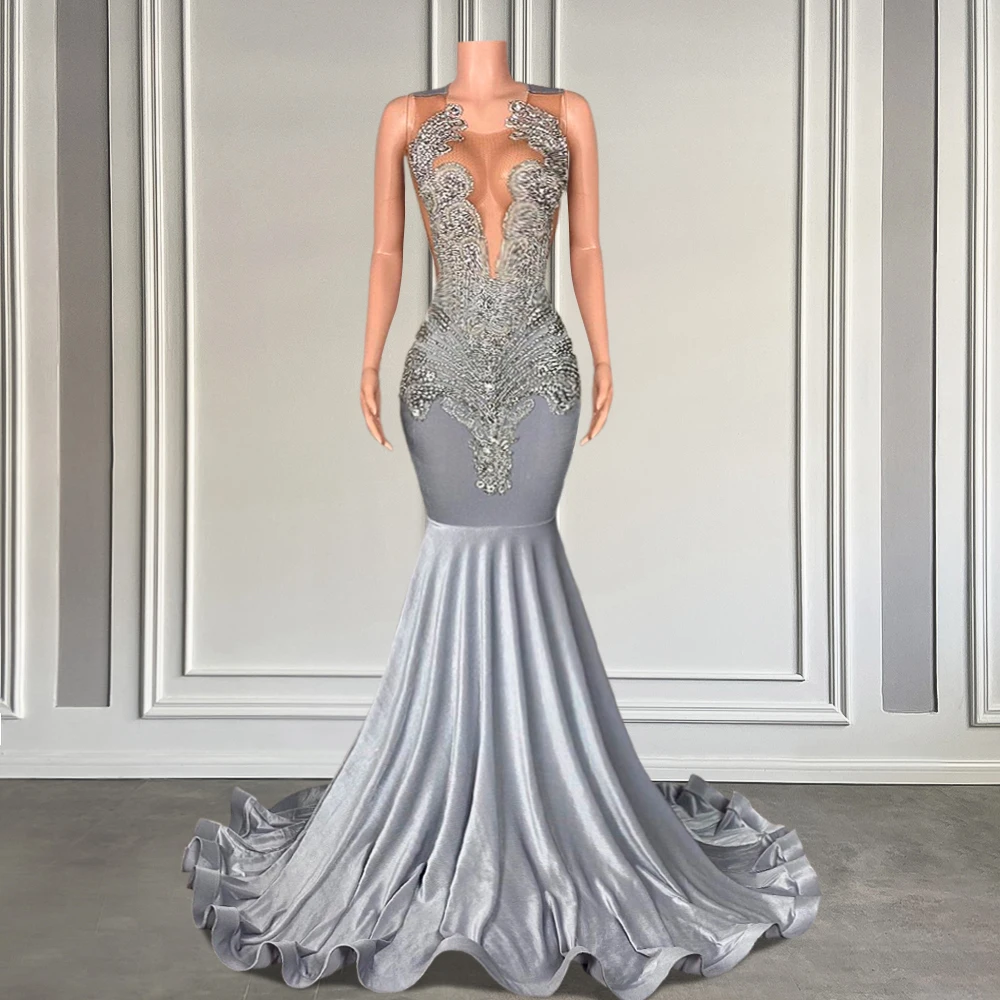 Customized Silver Velvet Mermaid Prom Dress For Black Girls Birthday Party