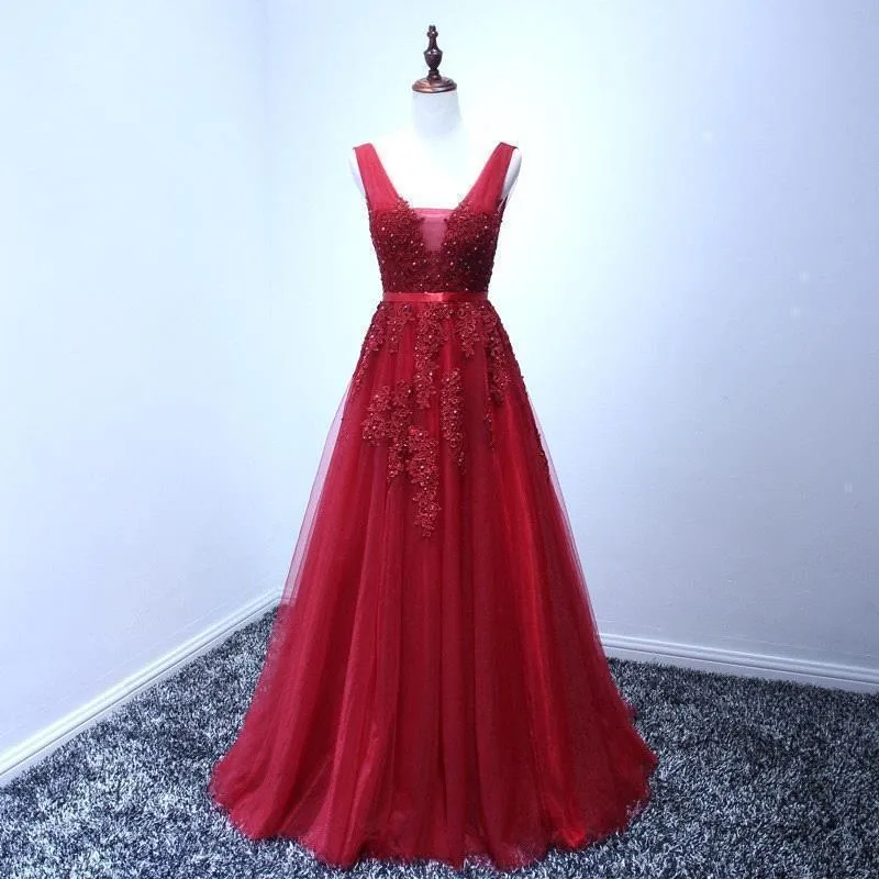 Elegant Tulle Sleeveless Silver Long Prom Dresses Burgundy Gown - Image 6