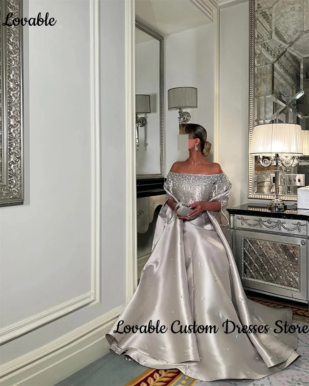 Customized Dubai Silver Satin Off-The-Shoulder Beaded Occasion Gown - Image 2