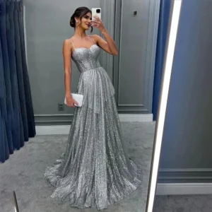 Sexy Glitter Silver A-Line Sweetheart Backless Prom Evening Gown Dress