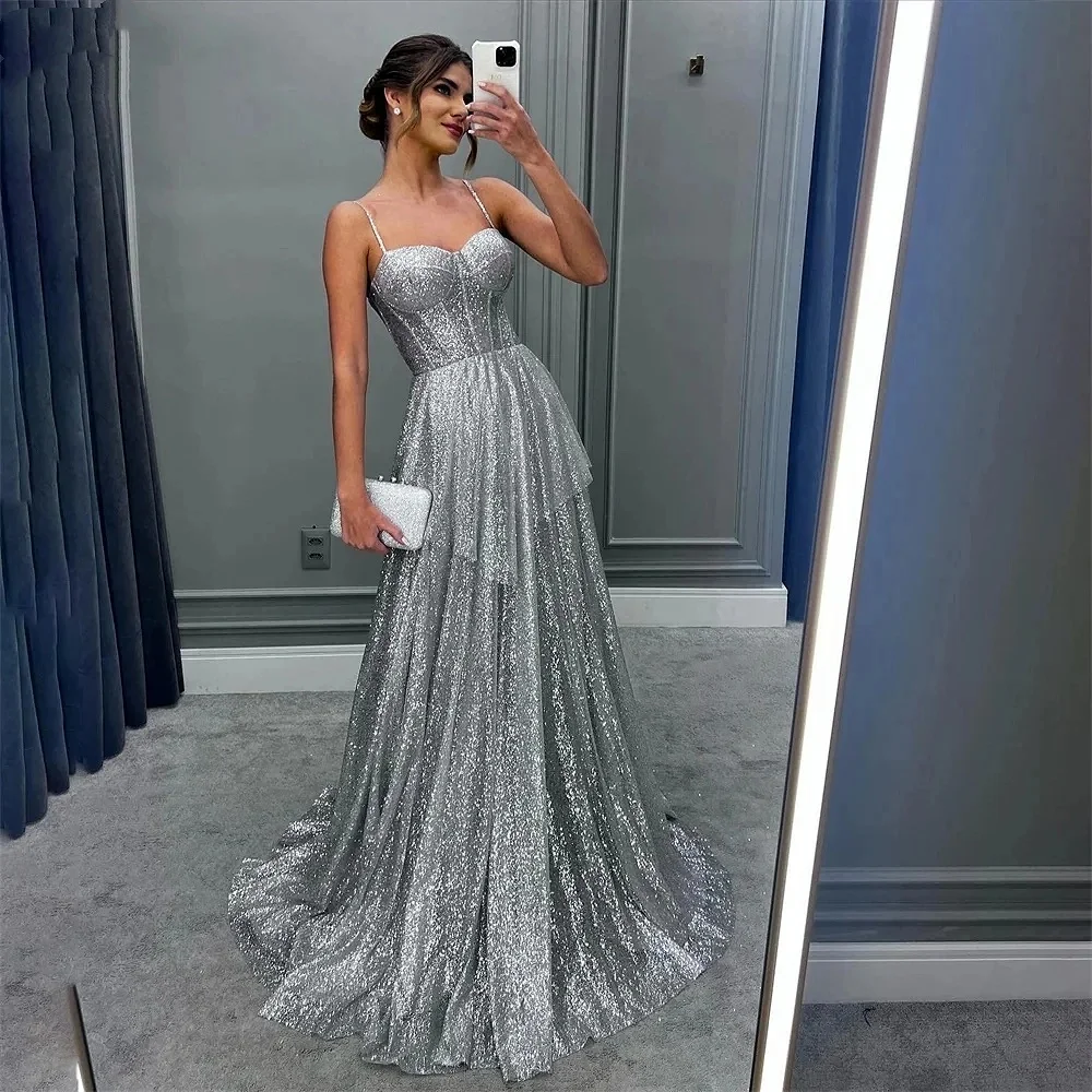 Sexy Glitter Silver A-Line Sweetheart Backless Prom Evening Gown Dress