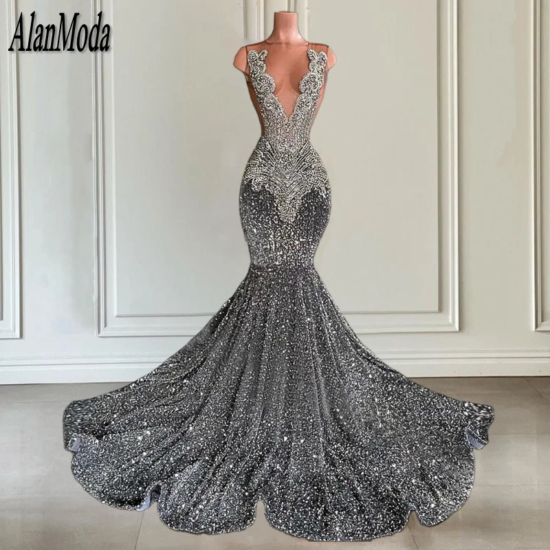 Sparkly Silver Prom Dress 2025 Luxury Crystal Mermaid Evening Gown