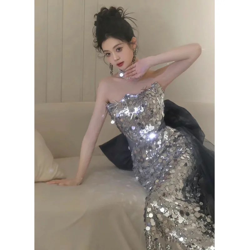 New Long Sequined Mermaid Grey Silver Bridesmaid Dance Prom Dress - Image 4